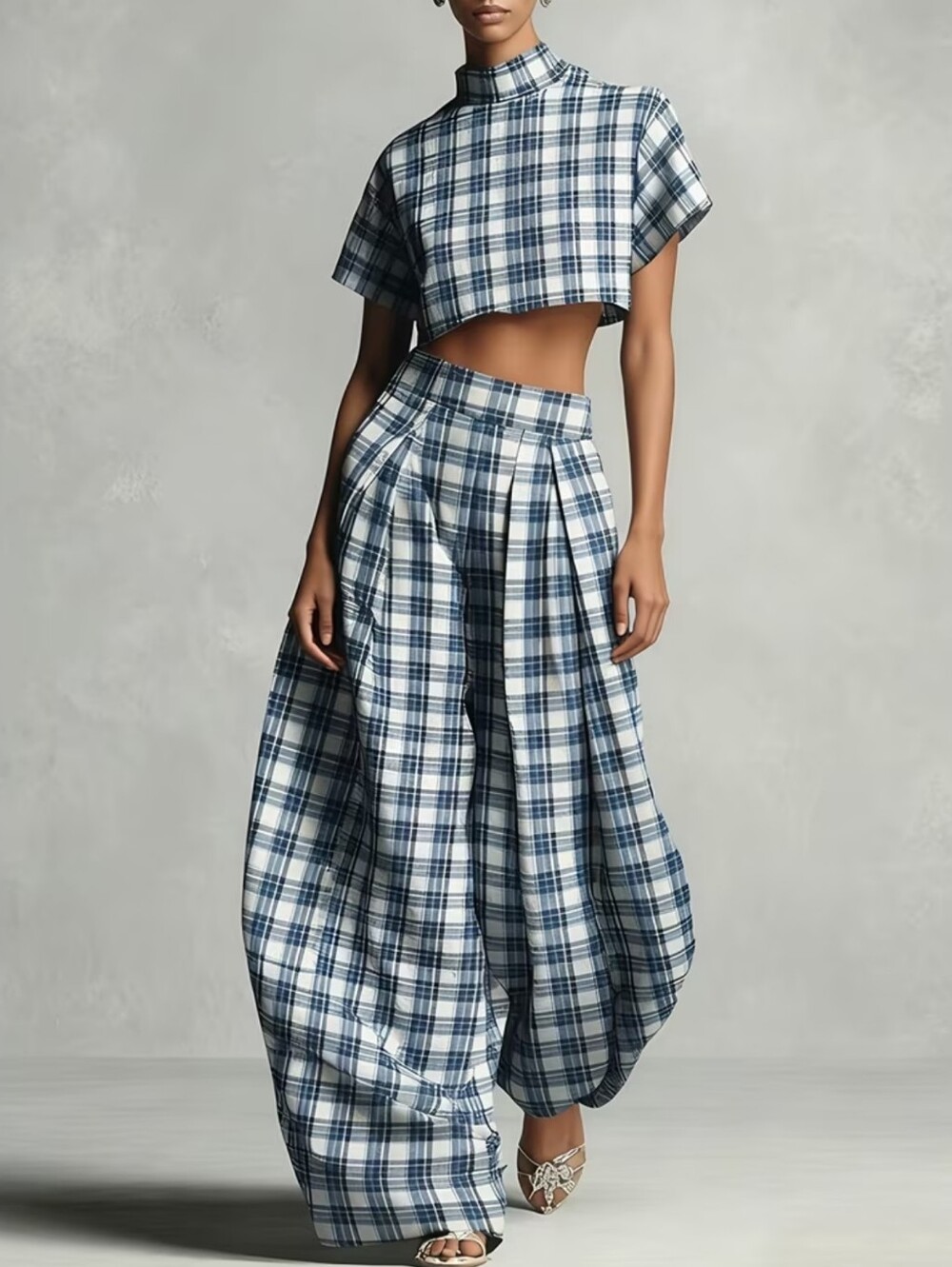 Cropped Top + High-Waisted Pleated Lantern Pants Women's Stylish Set - Picture 4 of 4